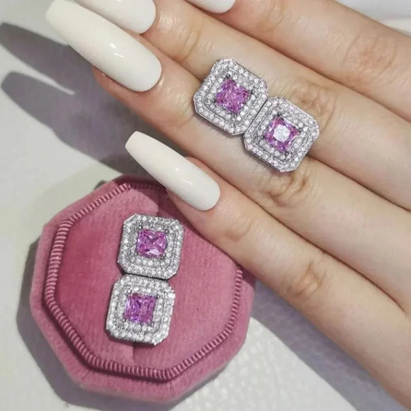 Sterling Silver Princess Cut Pink Sapphire Diamond Earring & Ring Jewelry Set - Picture 3 of 4